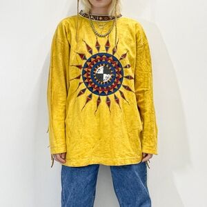 Vintage 90's Native American Sun Graphic Fringed Long Sleeve Cotton Shirt XXL